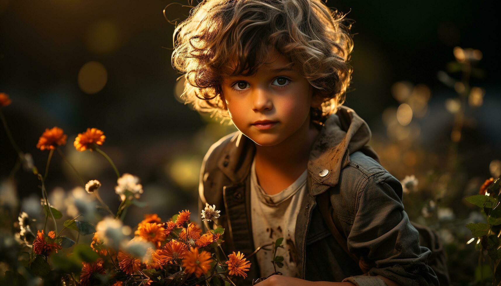 souriant enfant jouit la nature beauté, entouré par fleurs et lumière du soleil généré par ai photo