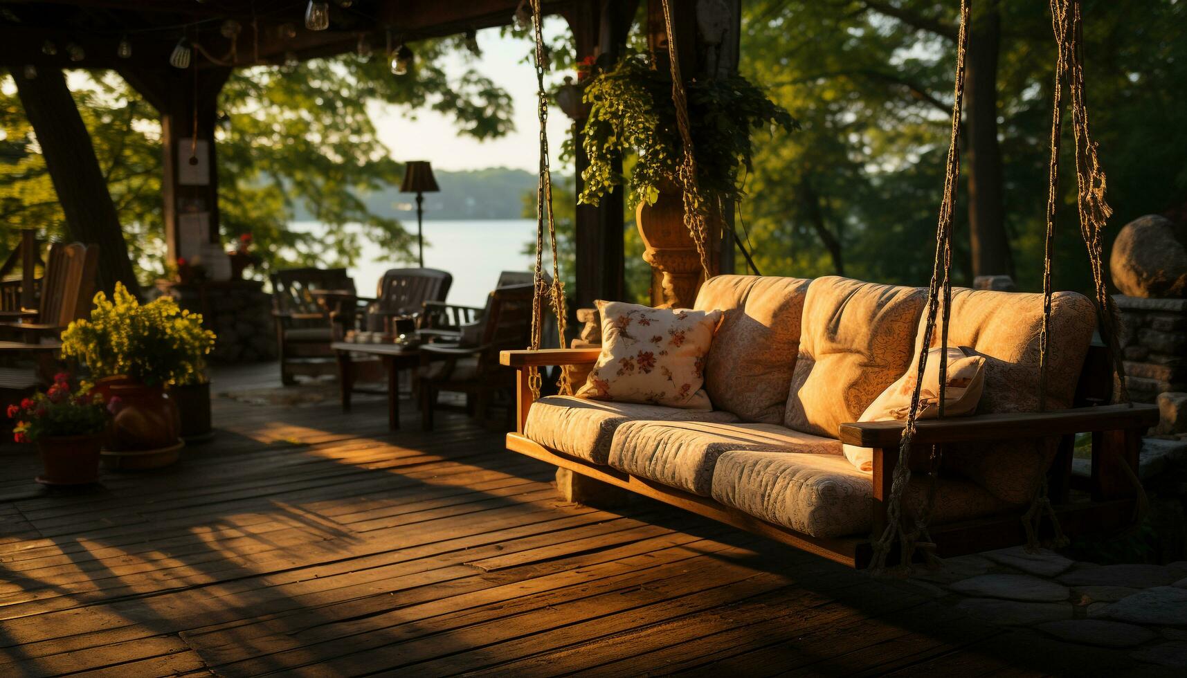 une tranquille scène de la nature vert forêt, confortable chaise généré par ai photo