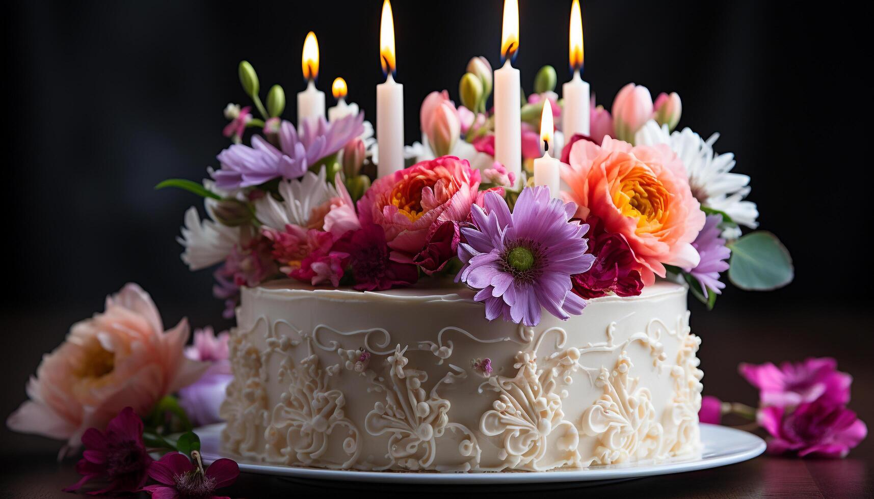 mariage gâteau, Chocolat indulgence, sucré crème, fraise bouquet, l'amour fête généré par ai photo