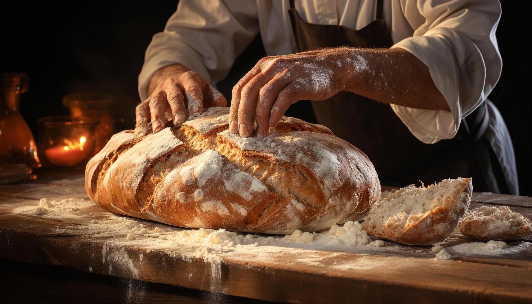 une boulanger main pétrissage Frais pâte sur une en bois table généré par ai photo