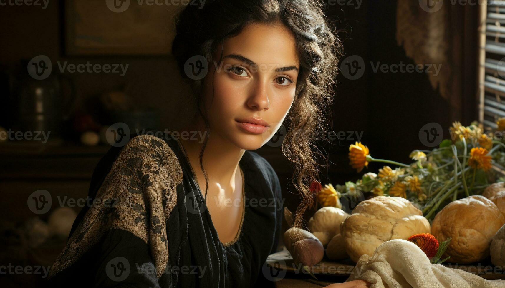 Jeune femme souriant, à la recherche à caméra, en portant légume, cuisine dans cuisine généré par ai photo