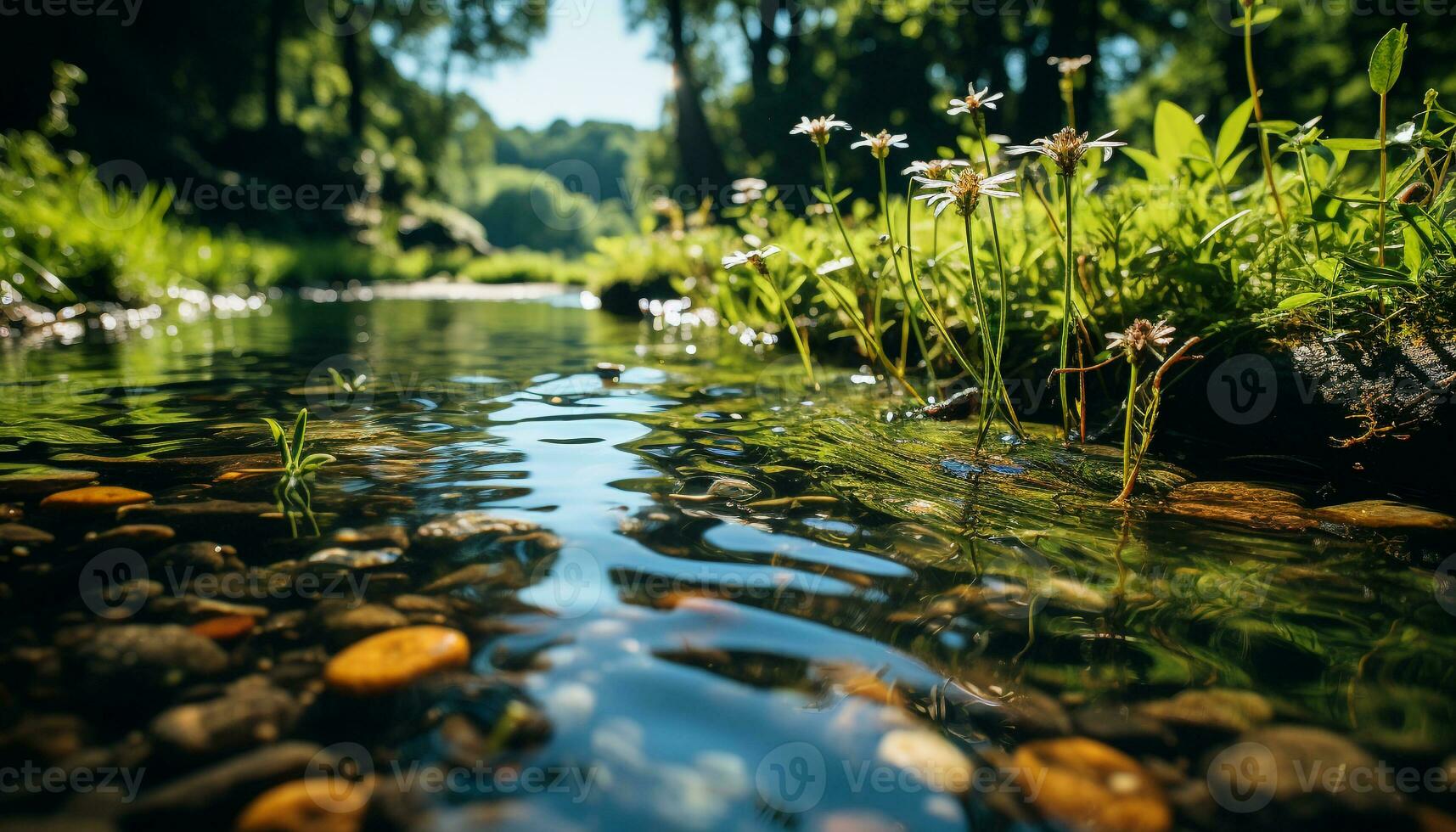 tranquille scène vert prairie, écoulement eau, fleurs réfléchir Naturel beauté généré par ai photo