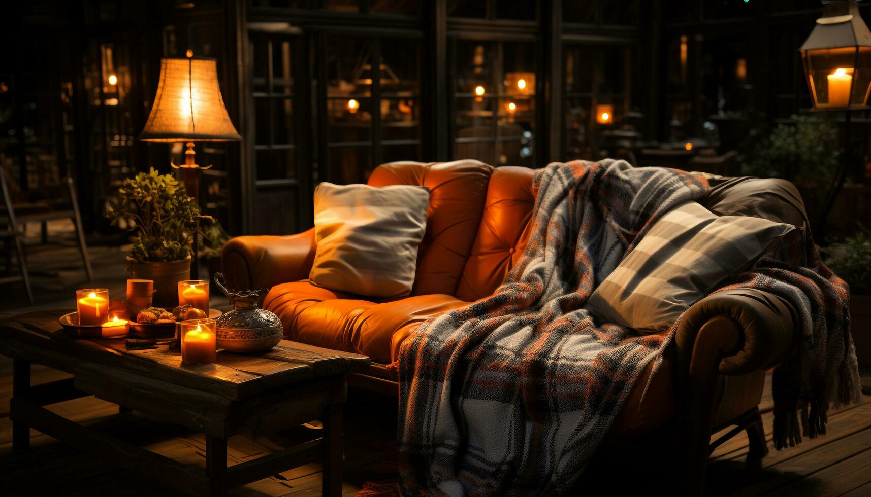 confortable vivant pièce avec moderne conception, illuminé par bougie flamme généré par ai photo