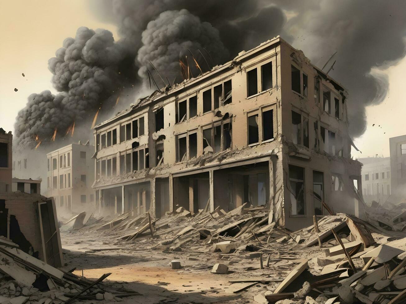 illustration de bombardé bâtiments dans conflit guerre Feu et destruction ai produire photo