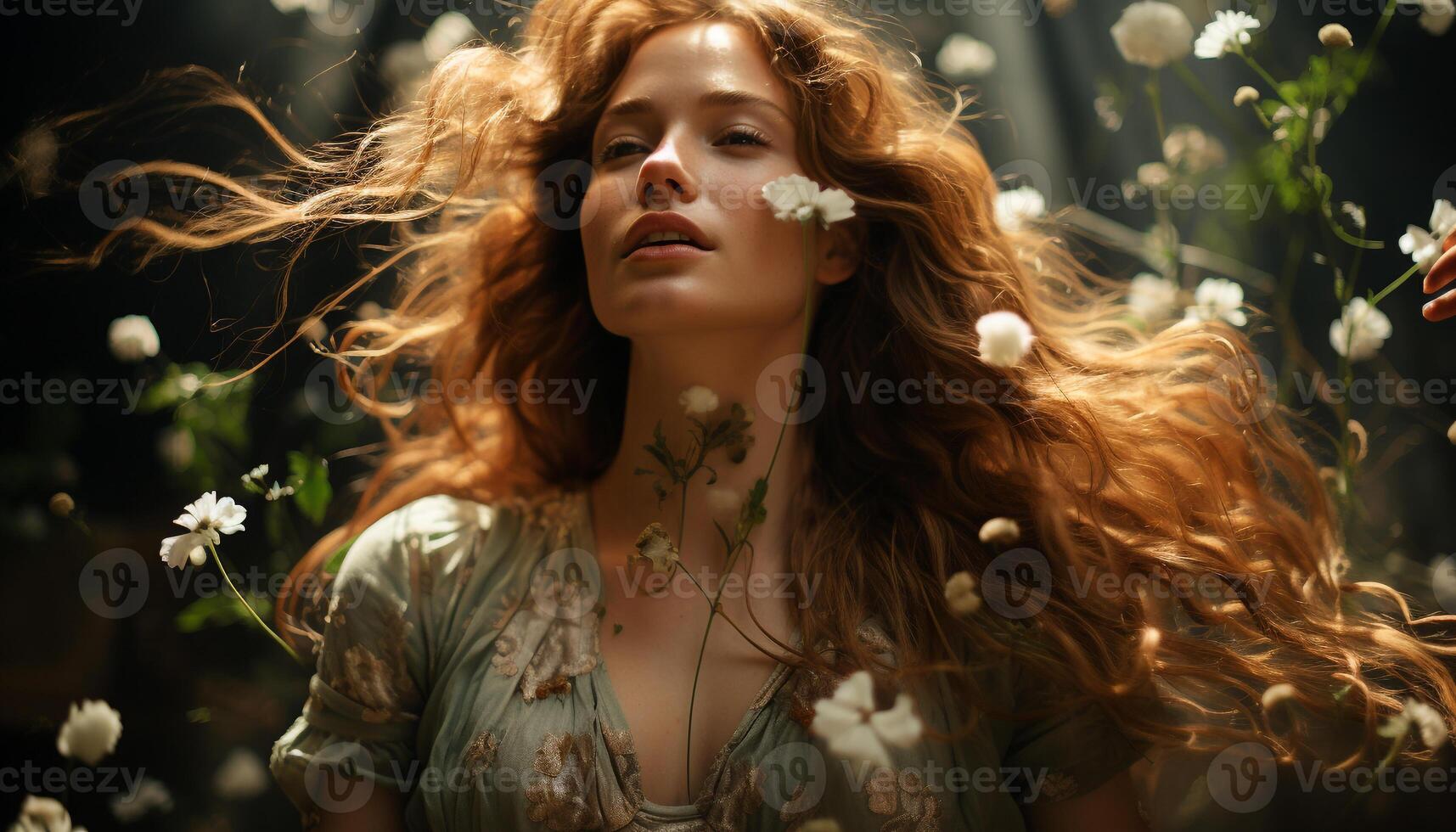 Jeune femme avec longue marron cheveux profiter nature, souriant et à la recherche à le caméra généré par ai photo