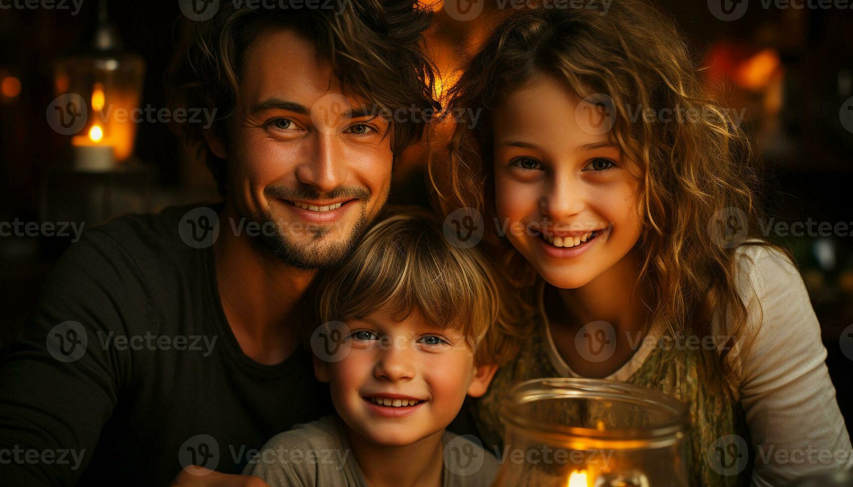 souriant enfant, famille bonheur, père joyeux, Hommes adulte unité généré par ai photo