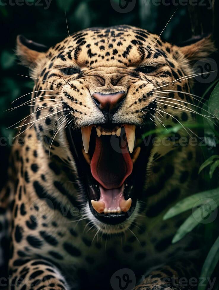 détaillé proche en haut portrait de une rugissement léopard, génératif ai photo