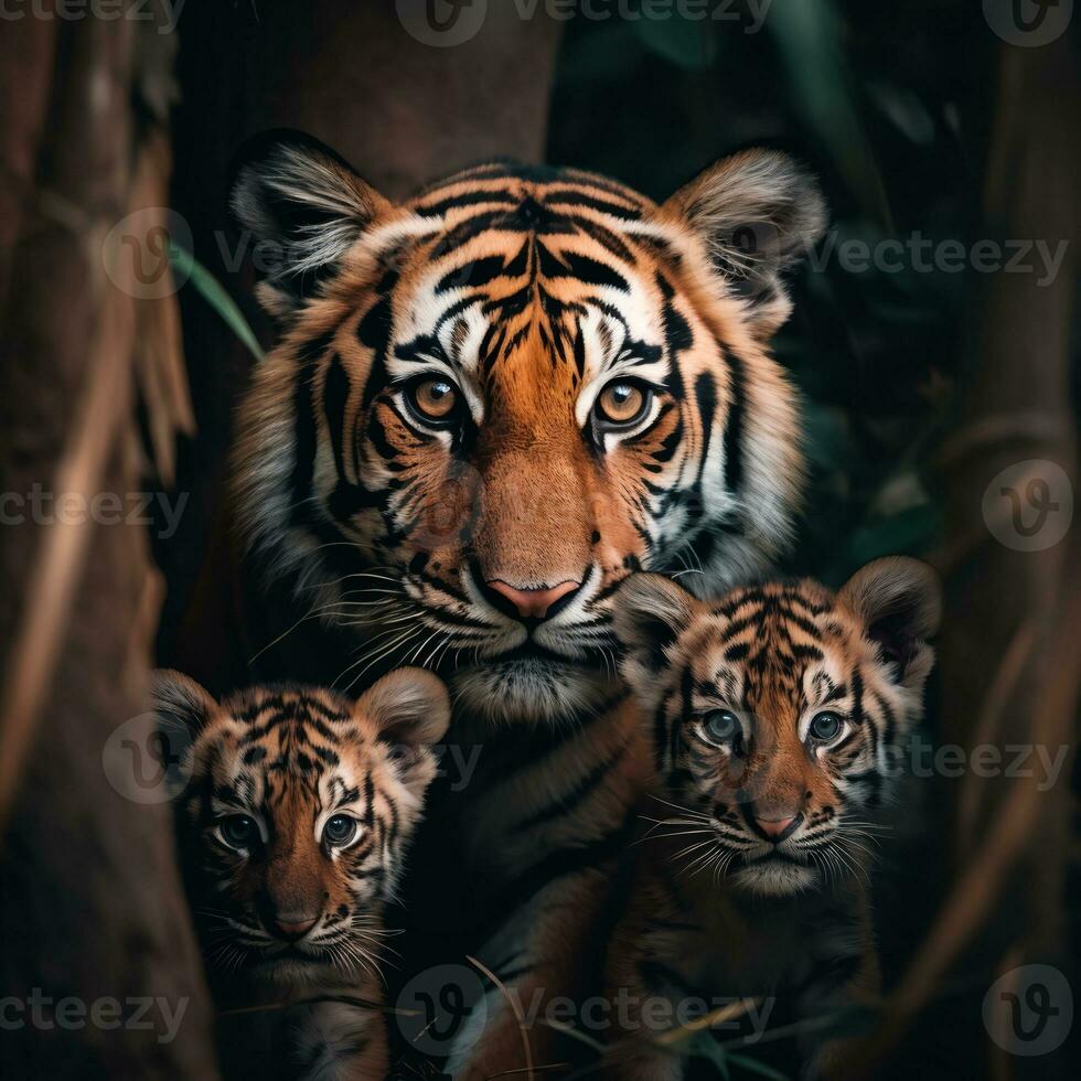 proche en haut détaillé portrait de mère et enfant tigre famille animal, génératif ai photo