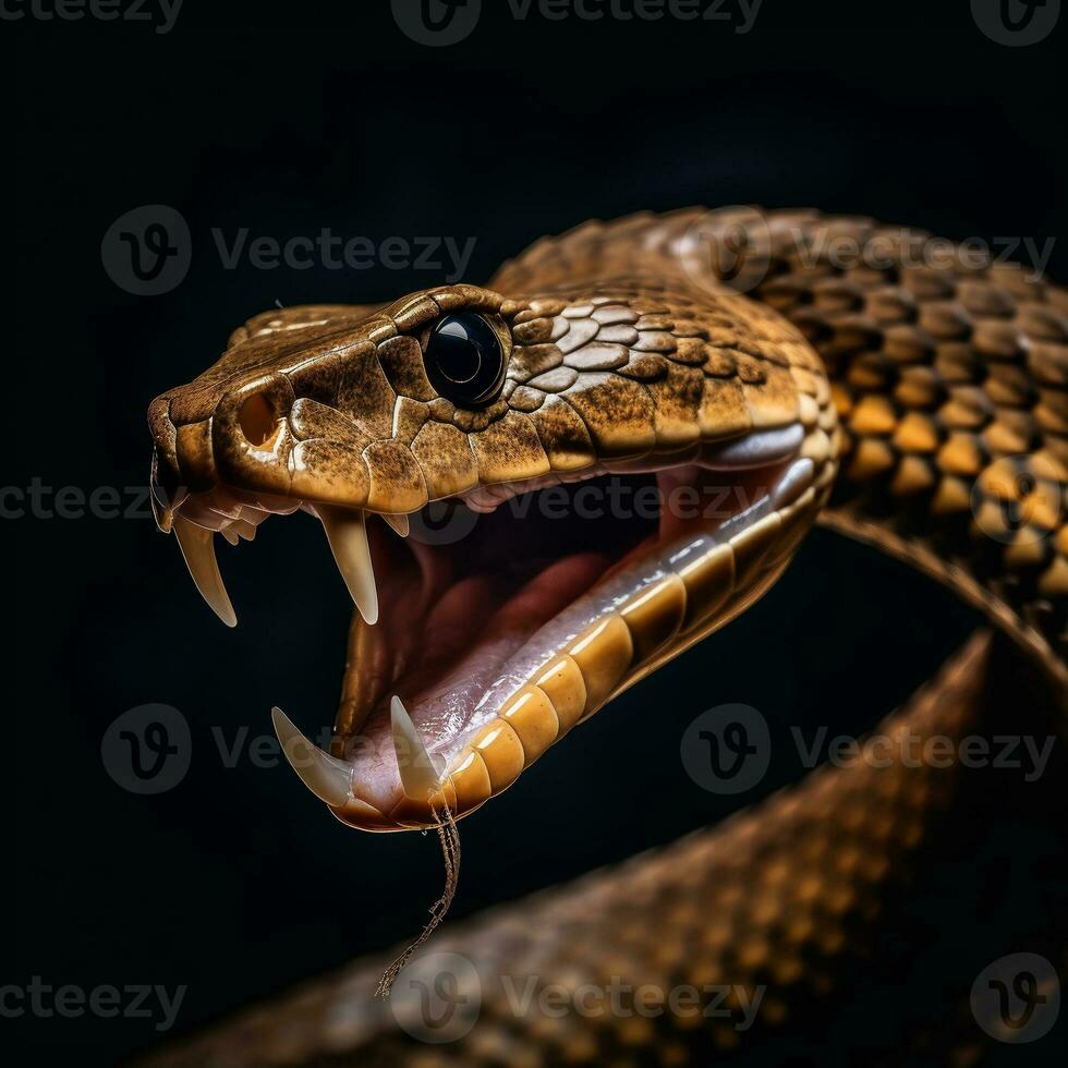 proche en haut portrait de cobra serpent isolé sur noir arrière-plan, génératif ai photo