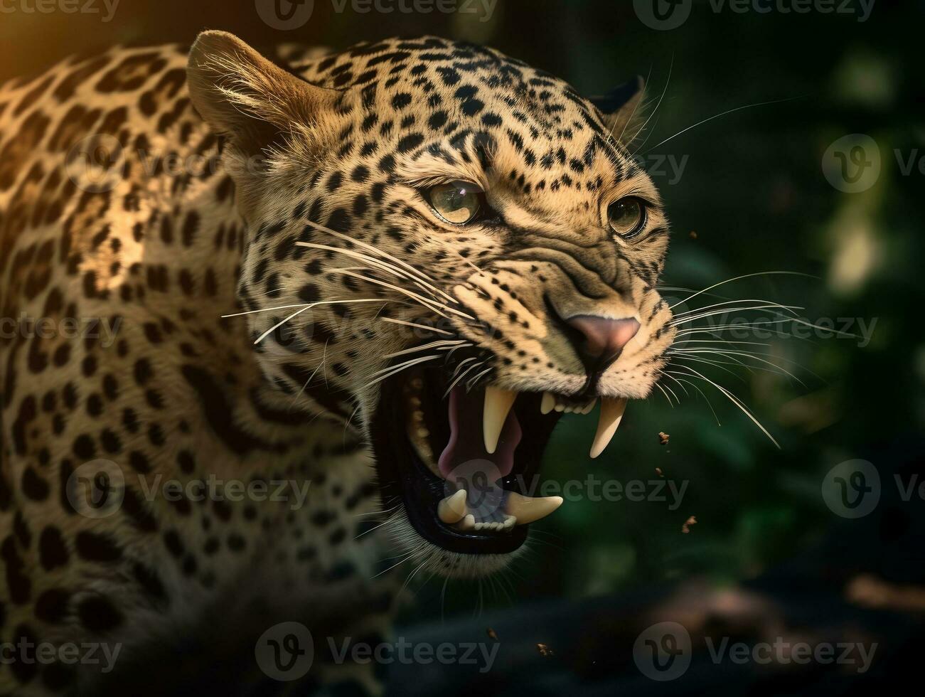 détaillé proche en haut portrait de une rugissement léopard, génératif ai photo