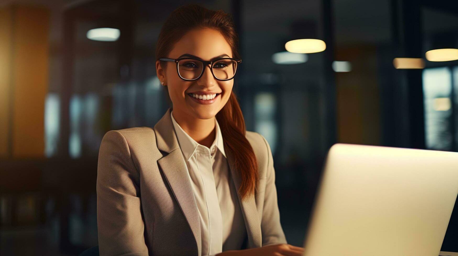 une femme dans des lunettes est souriant tandis que en utilisant une portable. ai génératif photo