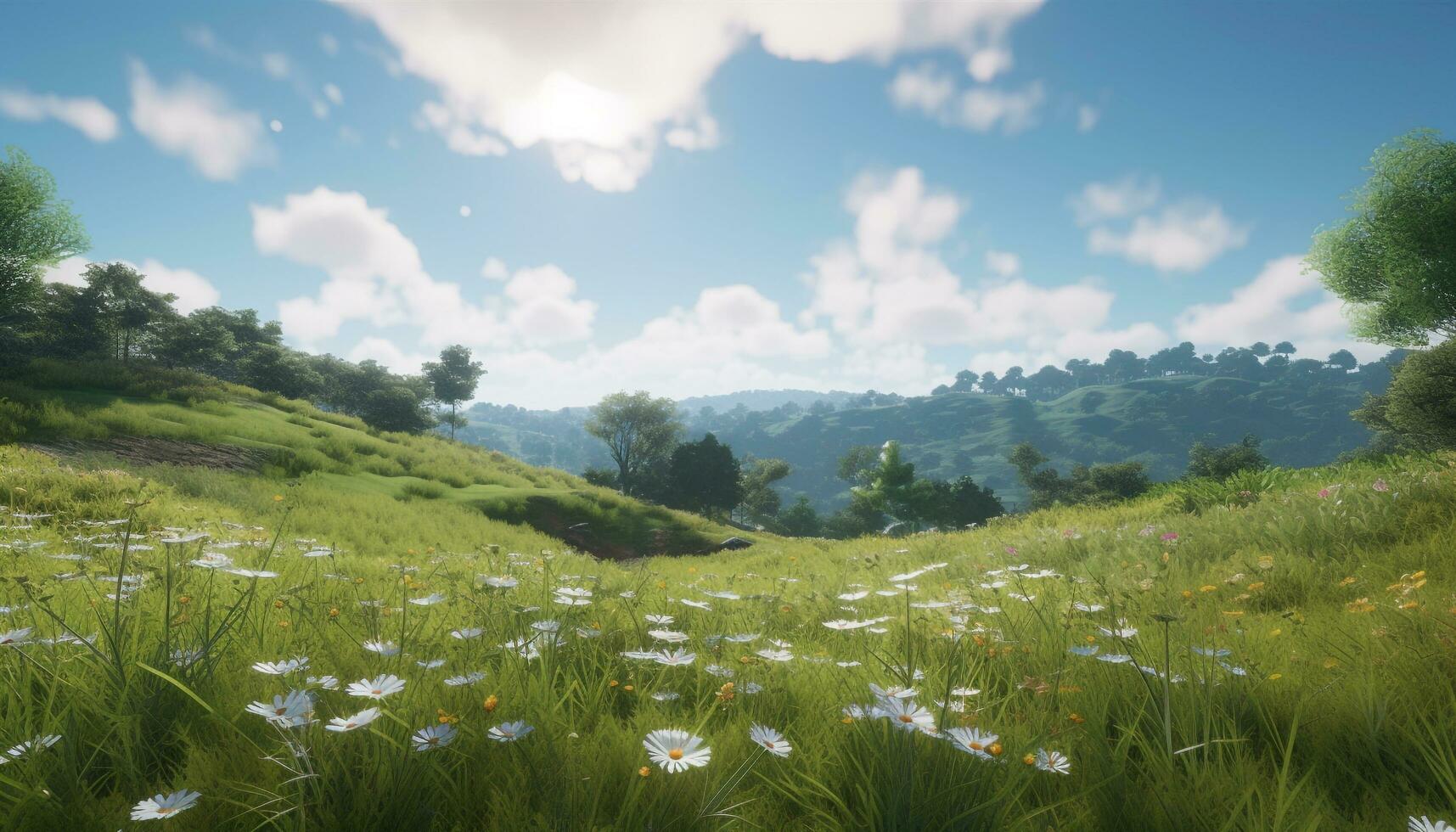 magnifique Prairie avec vert herbe, été fleurs, et majestueux montagnes généré par ai photo