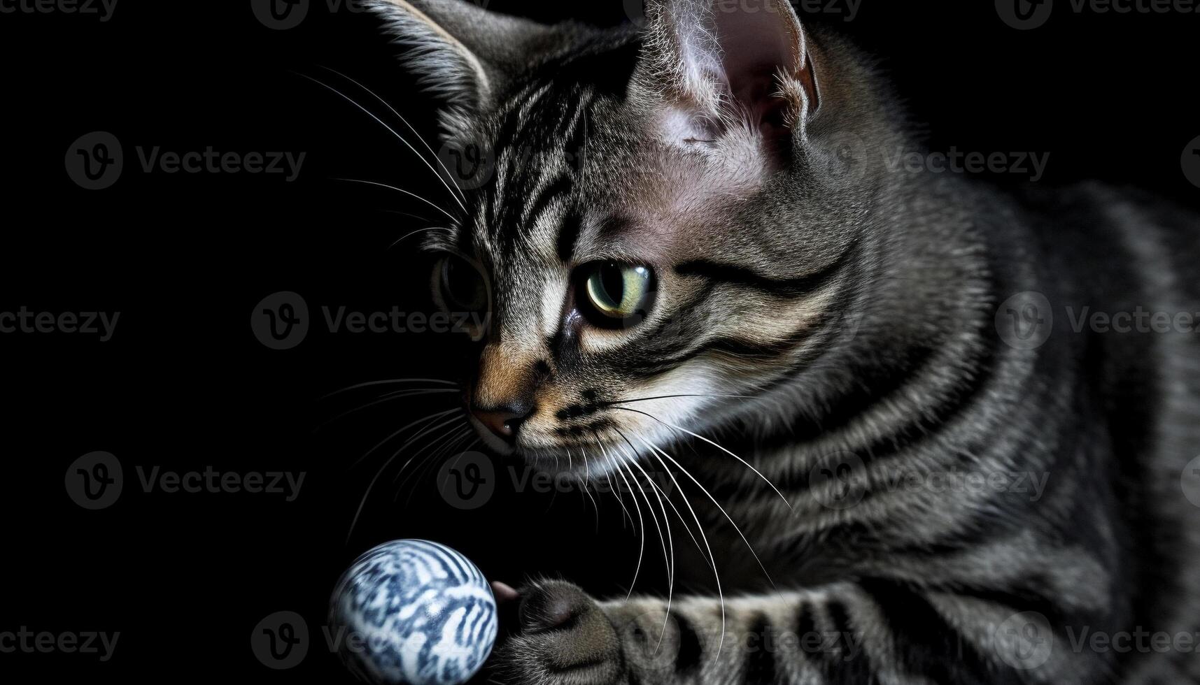 mignonne félin chaton en jouant avec jouet, regarder avec curiosité généré par ai photo