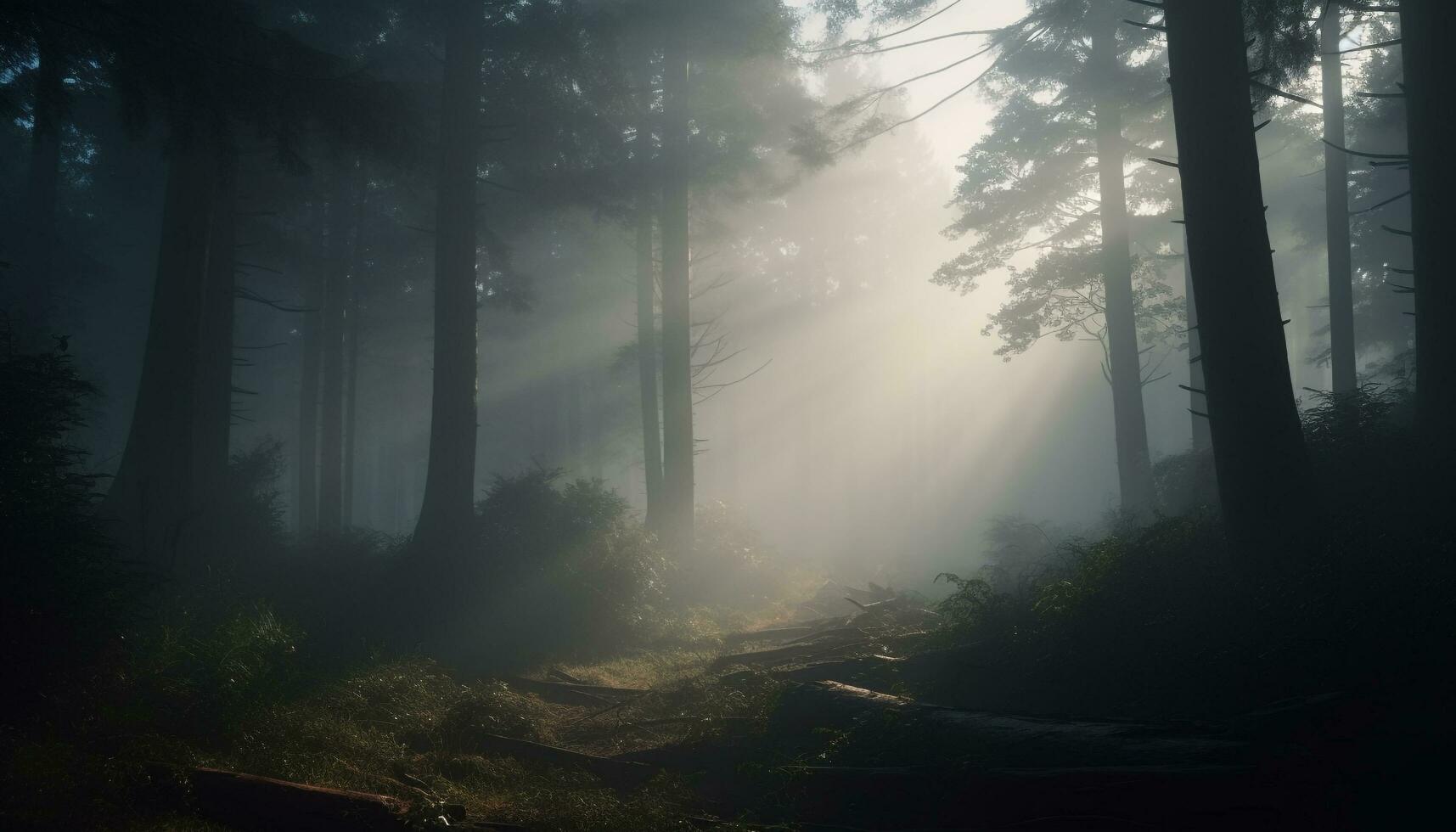 mystérieux brouillard couvertures tranquille forêt, révélateur la nature effrayant beauté généré par ai photo