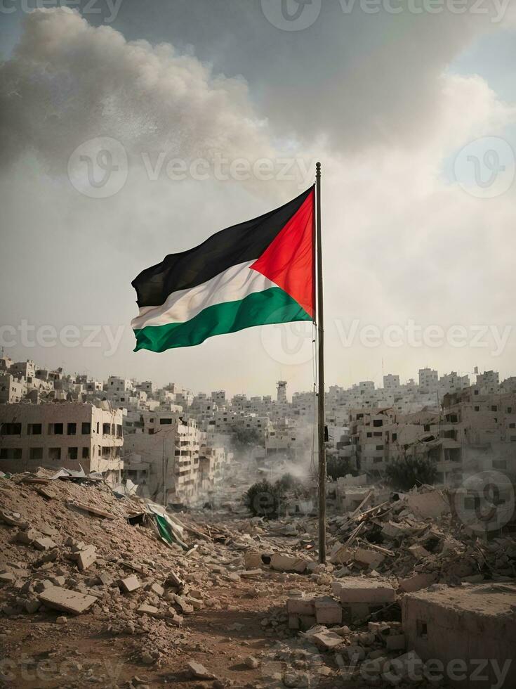palestinien drapeau avec détruit ville, ai généré. photo