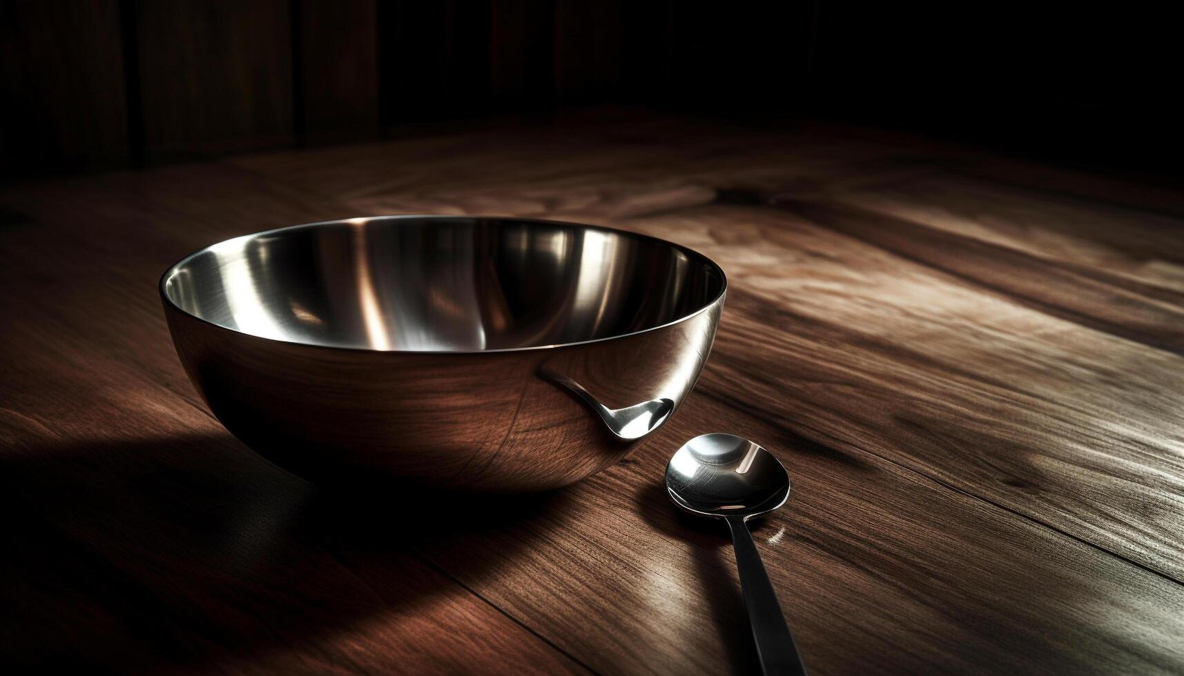 en bois table avec une proche en haut de une Célibataire métal bol généré par ai photo