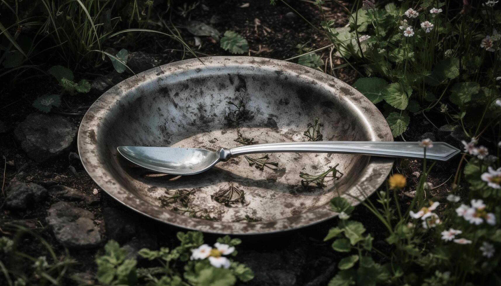 fraîcheur dans nature, une sale cuillère sur un vieux métal assiette généré par ai photo