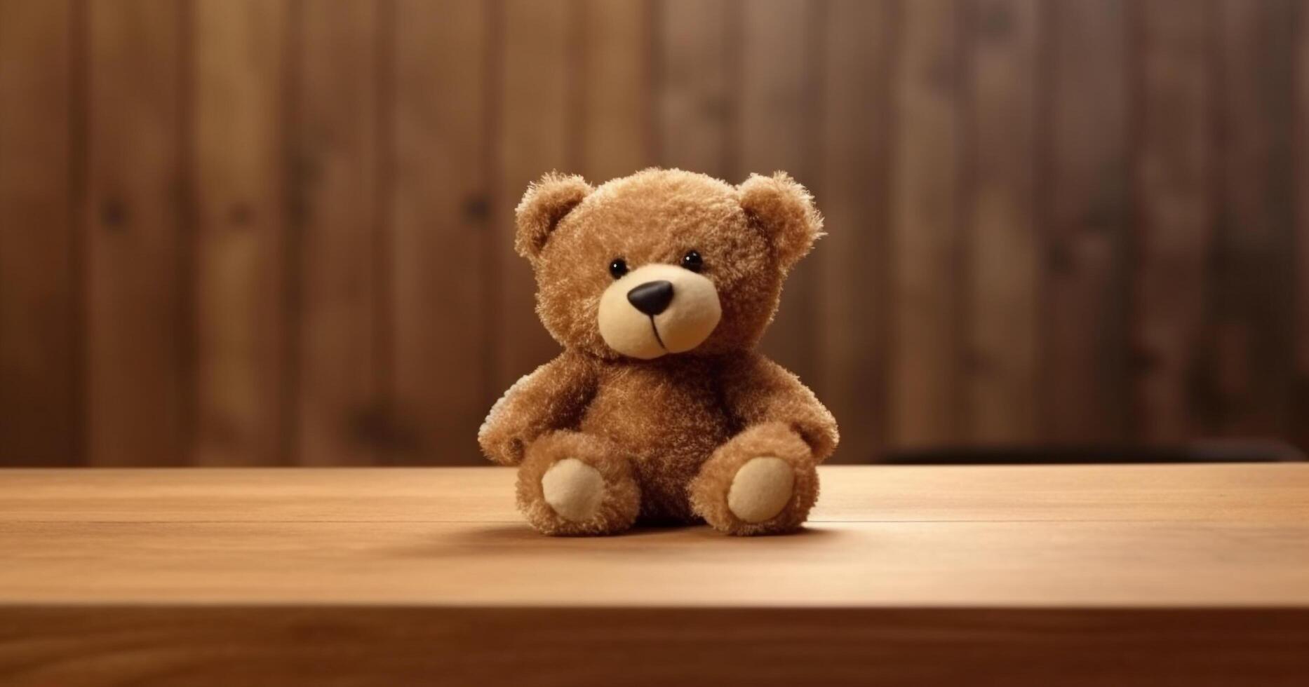 douceur et Mignonnerie de une nounours ours sur une en bois table généré par ai photo