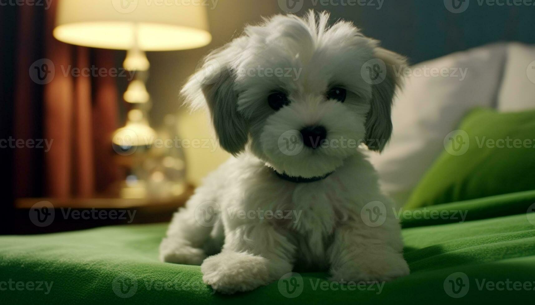 mignonne chiot séance sur lit, à la recherche à caméra, duveteux fourrure généré par ai photo