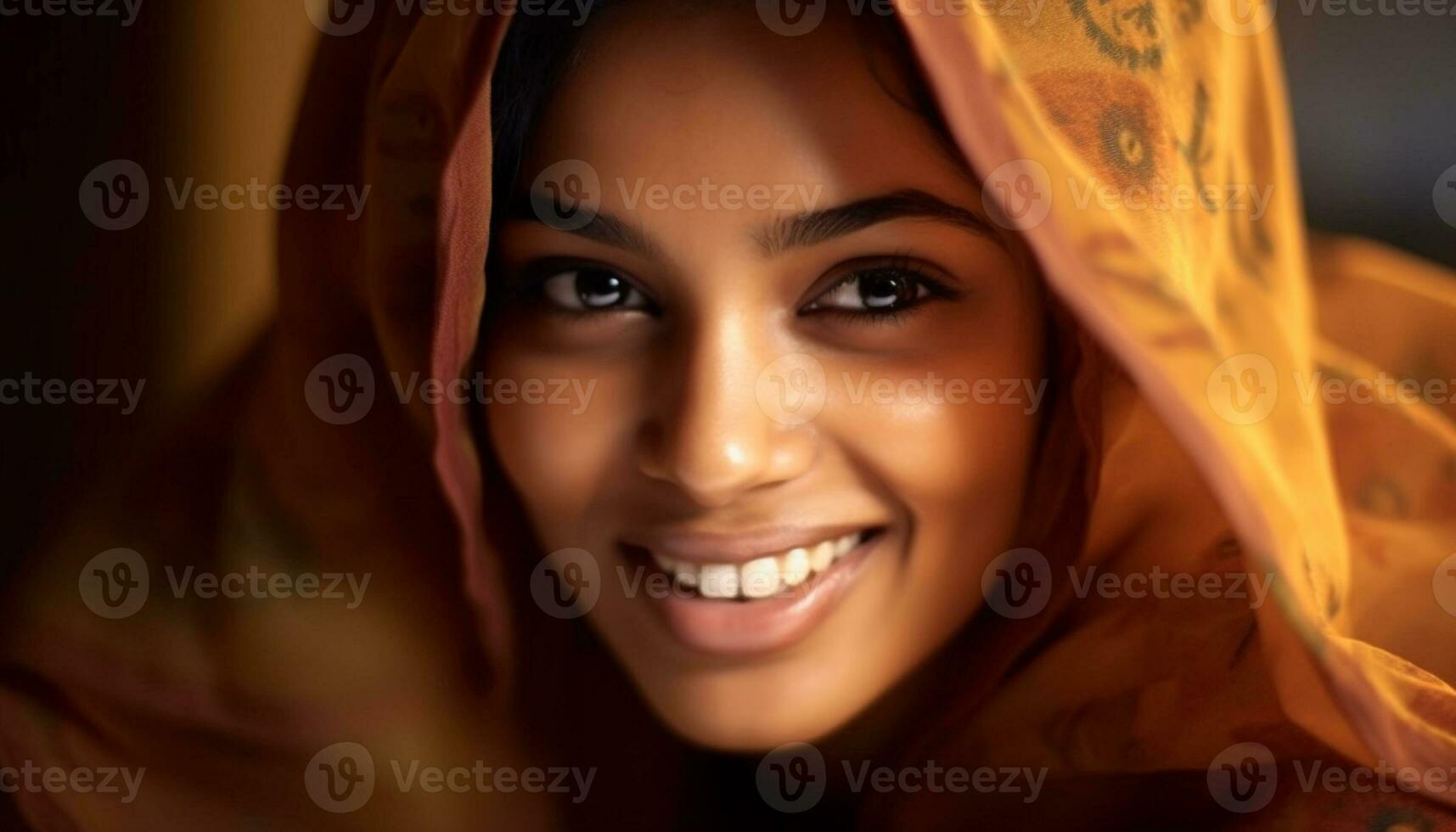 souriant Jeune femme à la recherche à caméra, exsudant beauté et bonheur généré par ai photo