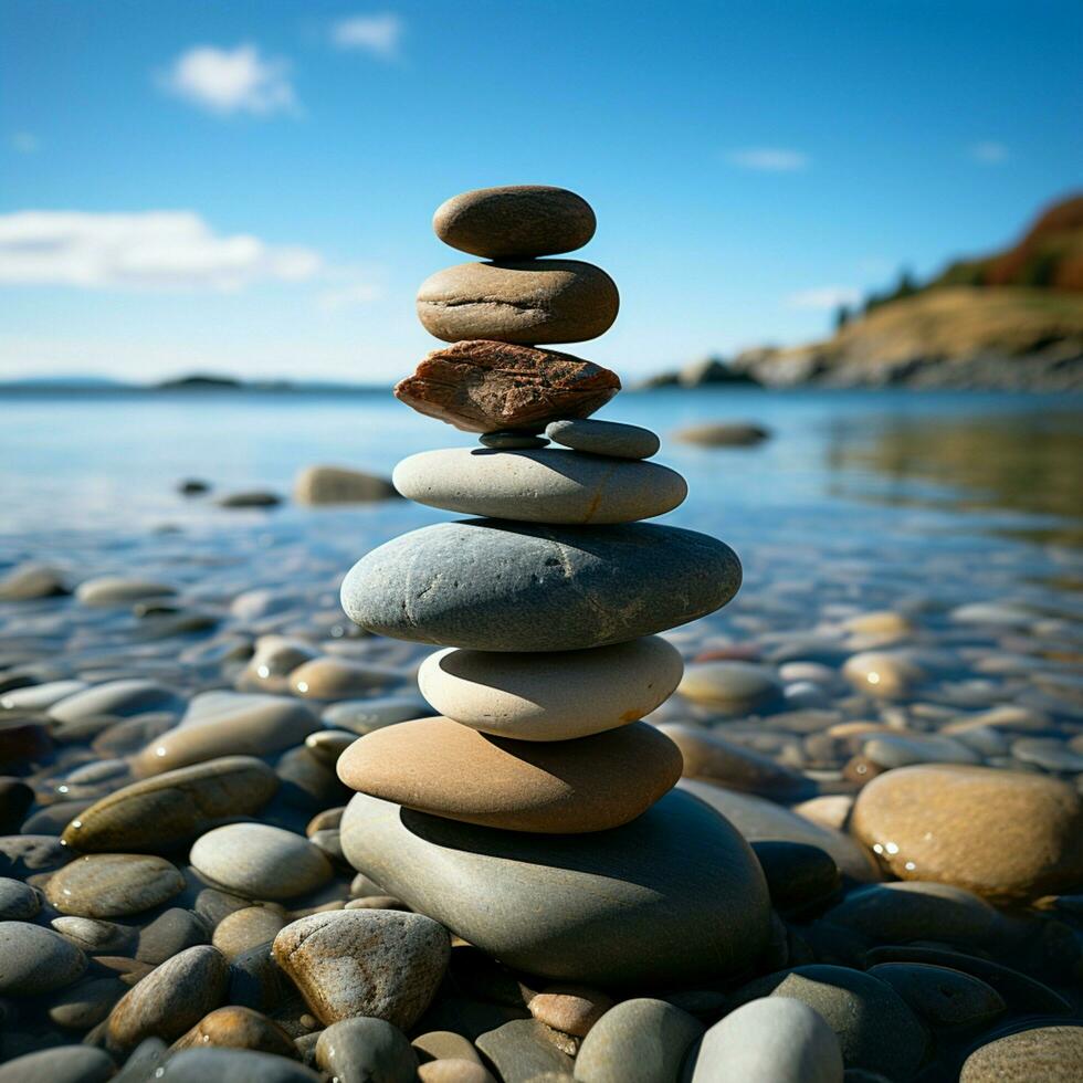 nautique formation mer embrassé des pierres empilés dans une pyramide le long de le rive pour social médias Publier Taille ai généré photo