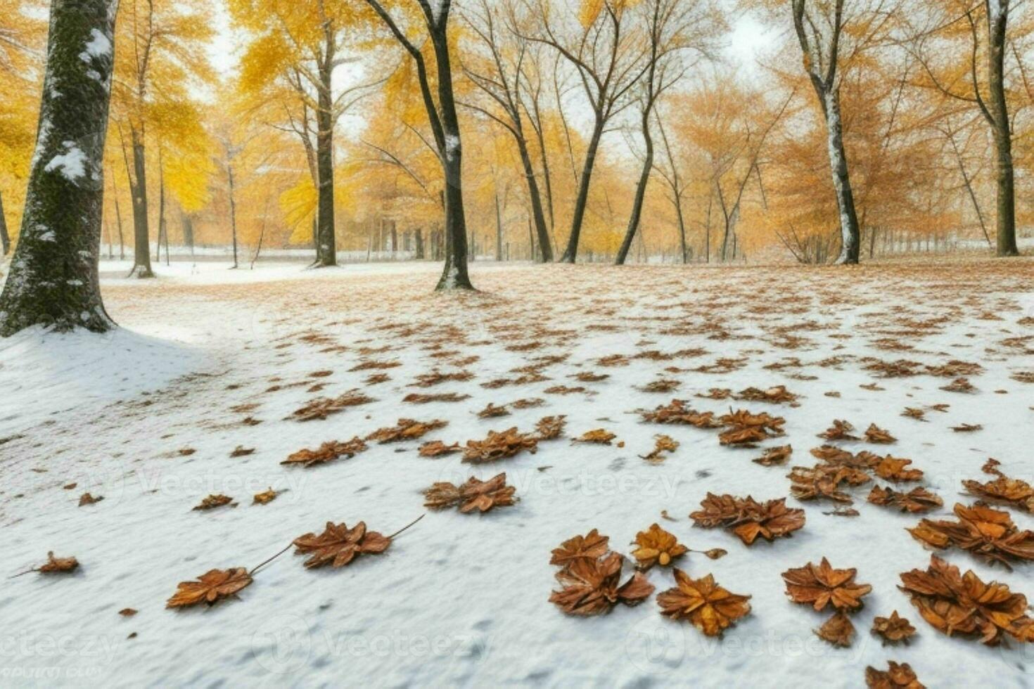 déchue feuilles dans neigeux forêt parc. Contexte. ai génératif pro photo