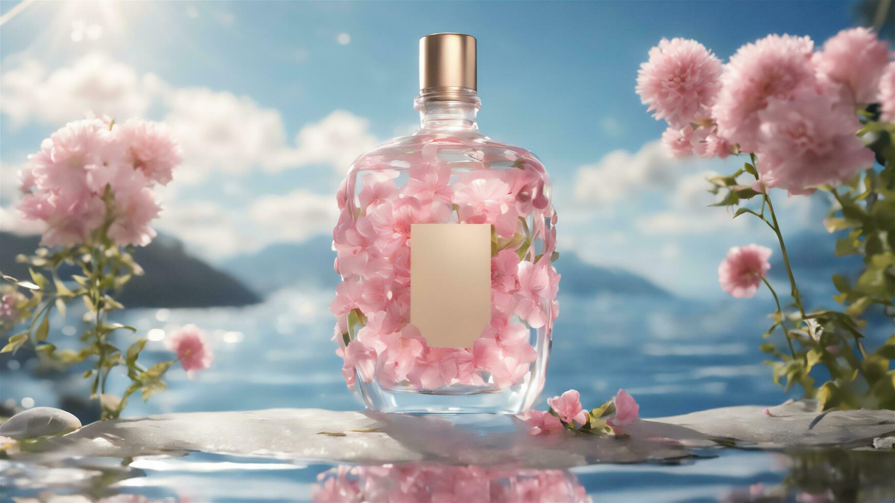 ai généré parfum bouteille maquette avec rose fleurs photo