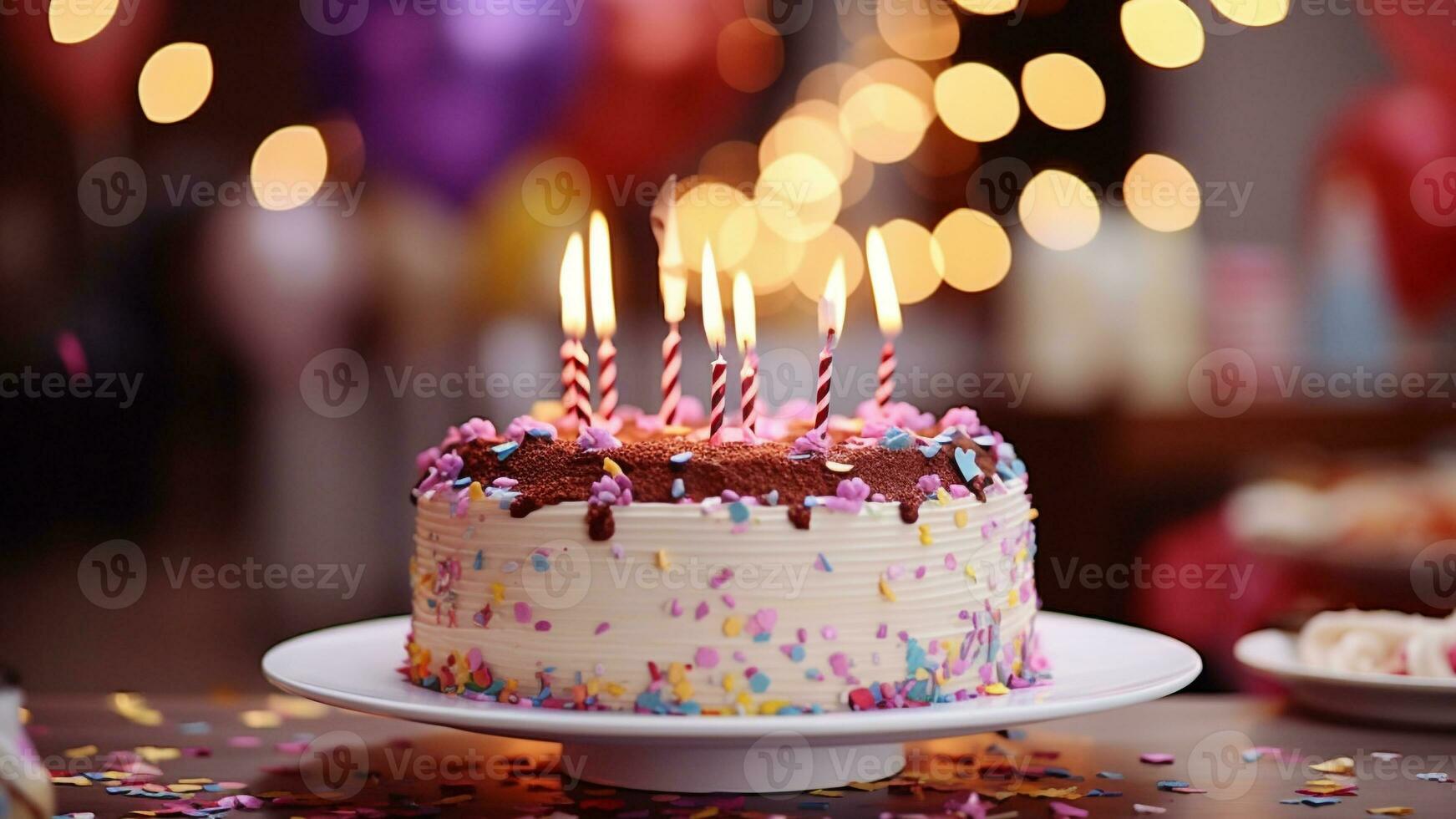 gâteau avec de fête coloré bougie décoration dans fête faire la fête. génératif ai photo