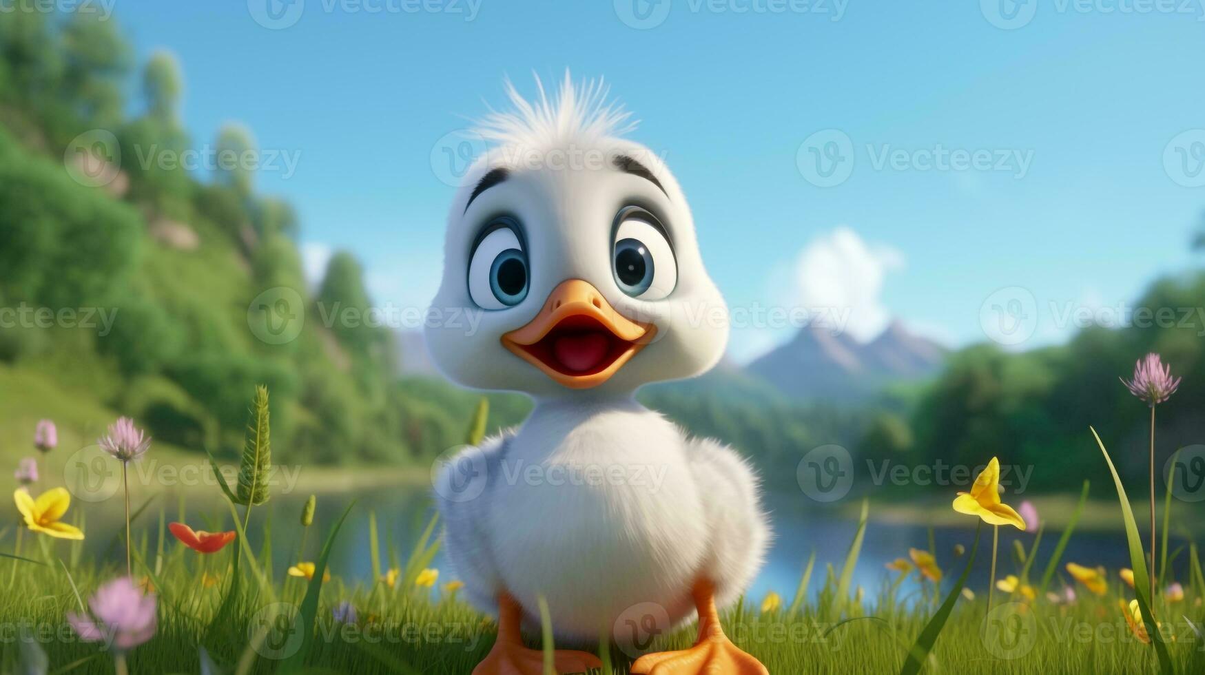 une mignonne peu muscovy canard dans disney dessin animé style. génératif ai photo