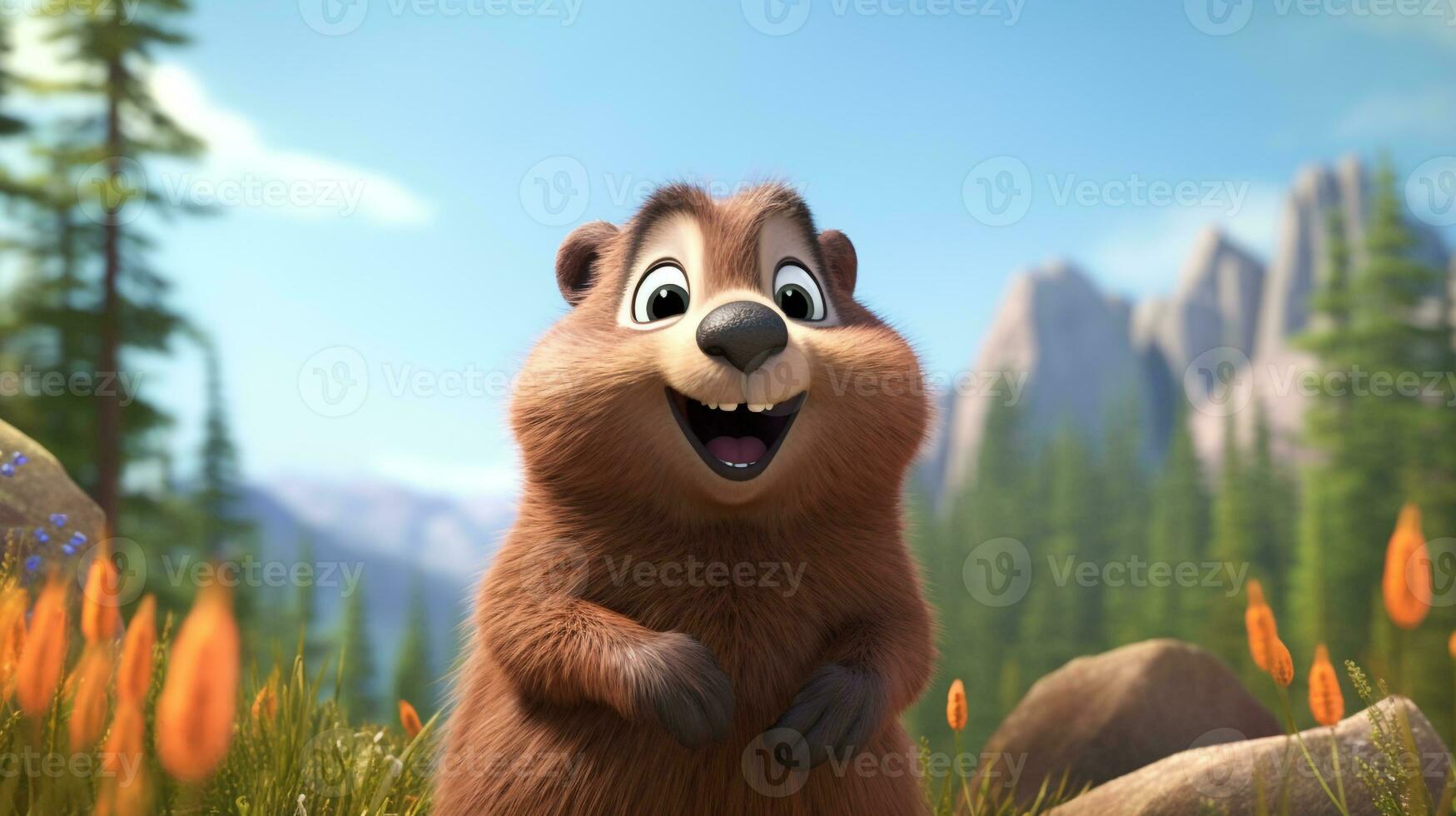 une mignonne peu marmotte dans disney dessin animé style. génératif ai photo