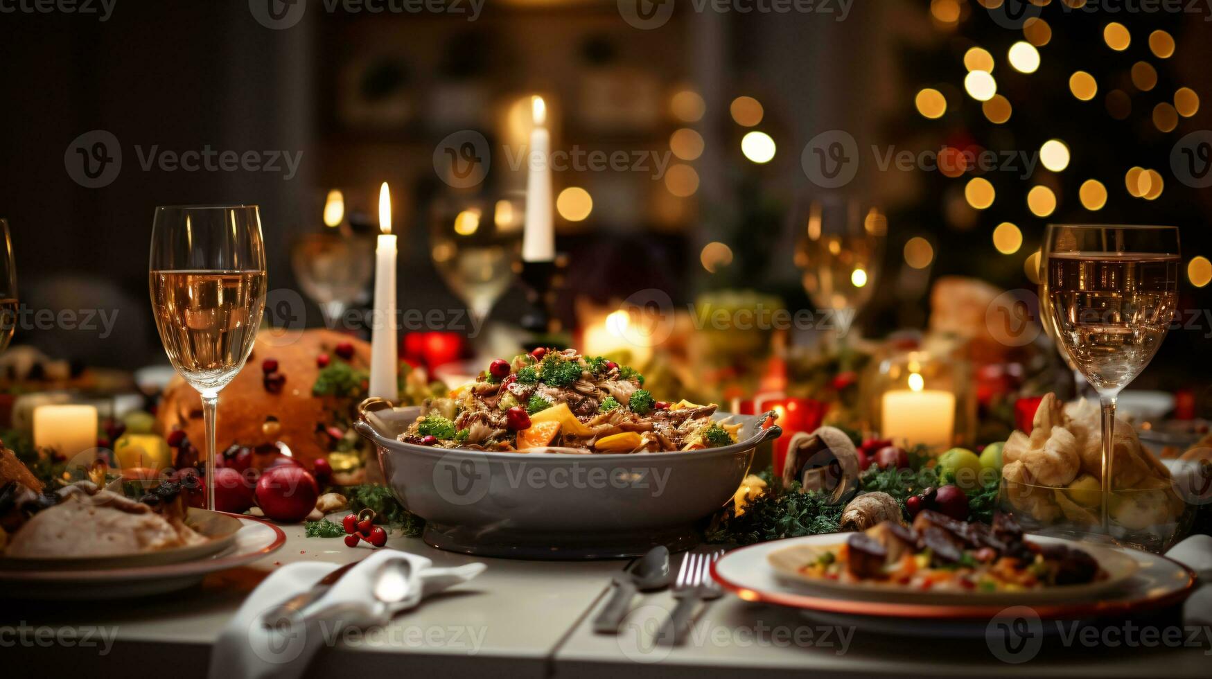 ai génératif Noël dîner dessus de la table, magnifiquement décoré avec crémeux bokeh Noël lumières dans le Contexte photo