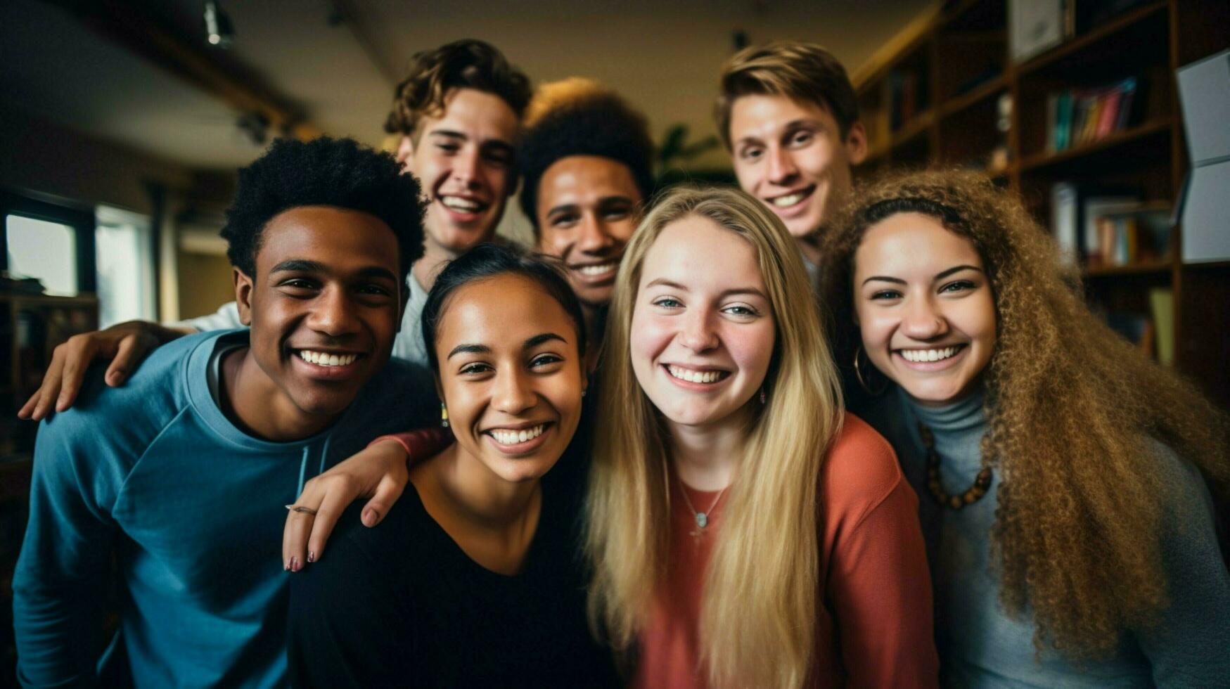 une groupe de Jeune adultes à l'intérieur souriant à la recherche à caméra photo