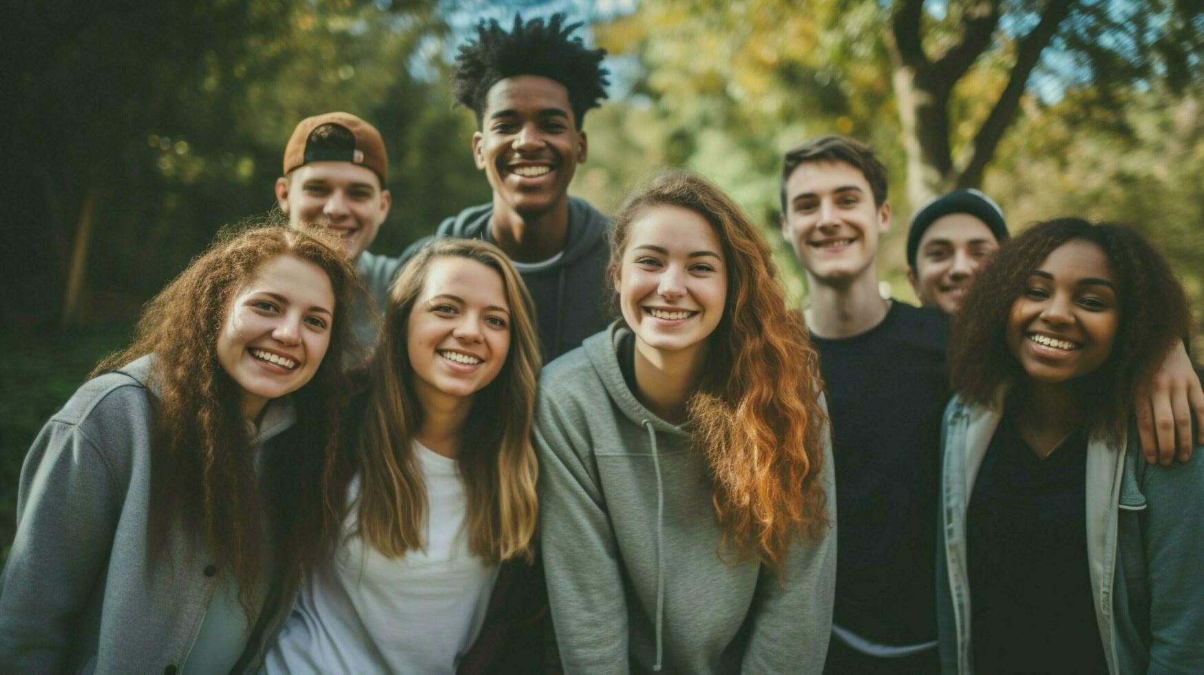 une groupe de Jeune adultes en plein air souriant et à la recherche photo