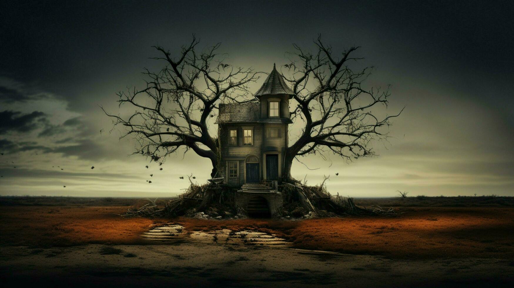 une hanté maison avec une arbre dans le milieu photo