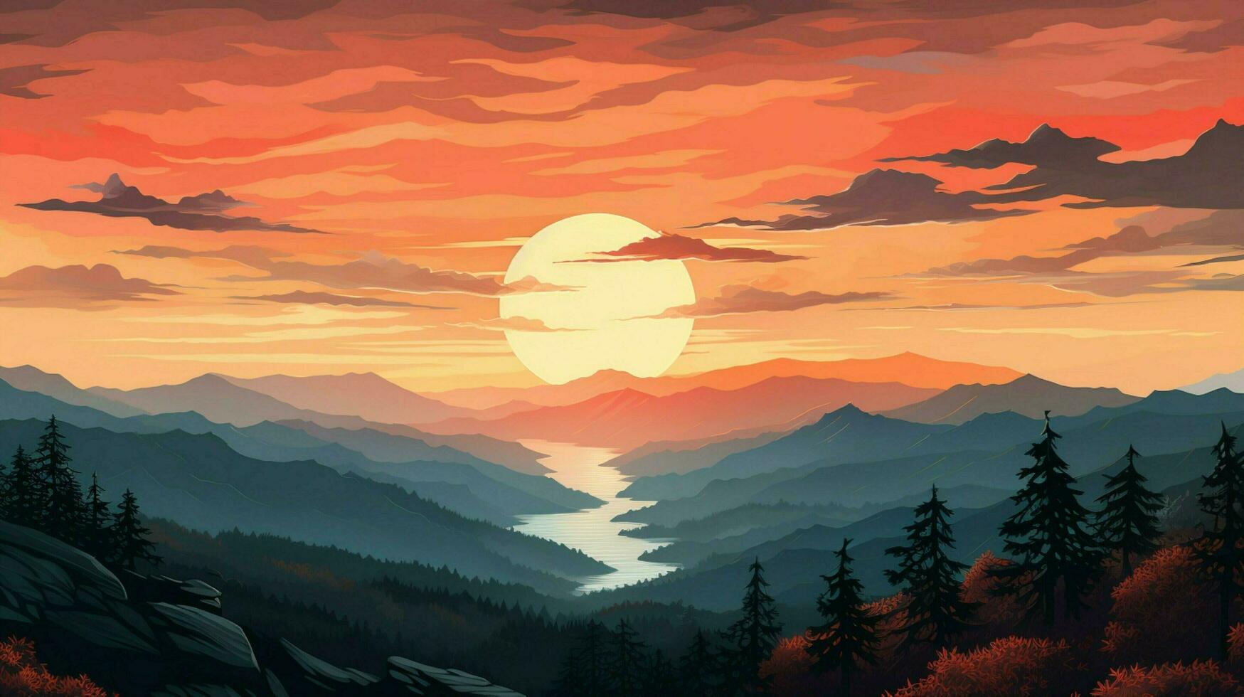 une le coucher du soleil plus de une Montagne intervalle avec une rouge ciel et le Soleil photo