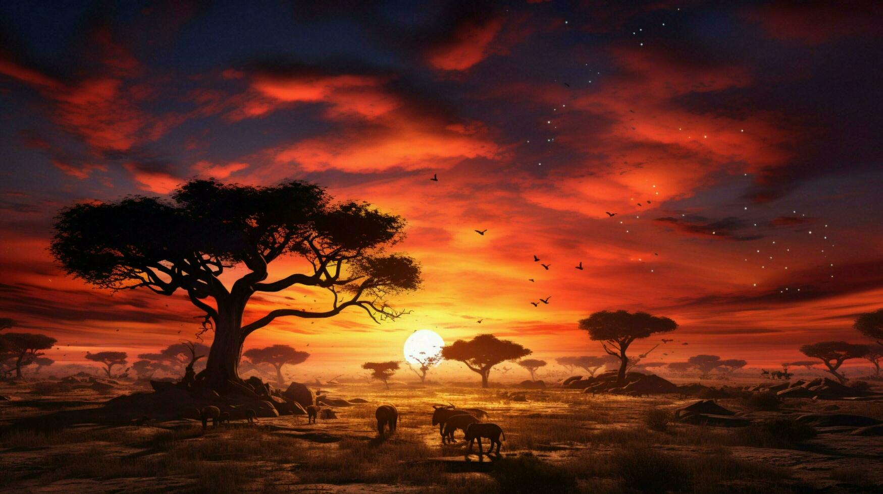 Afrique savane à le coucher du soleil animaux pâturer ancien des arbres photo