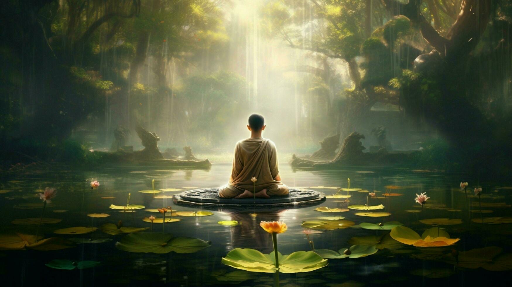bouddhiste médite dans tranquille étang entouré par lotus photo