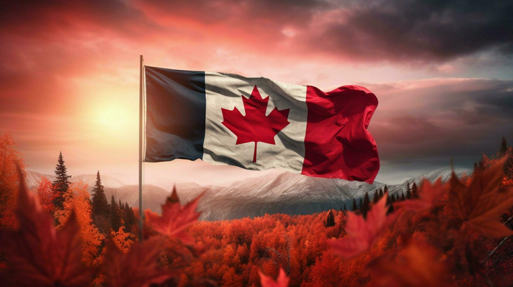 canadien drapeau agitant dans vibrant l'automne toile de fond photo