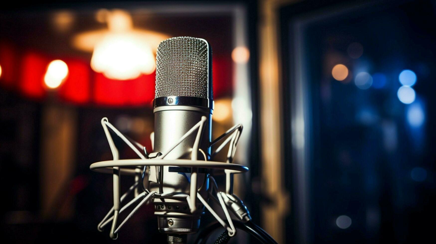 proche en haut de métallique microphone dans enregistrement studio photo