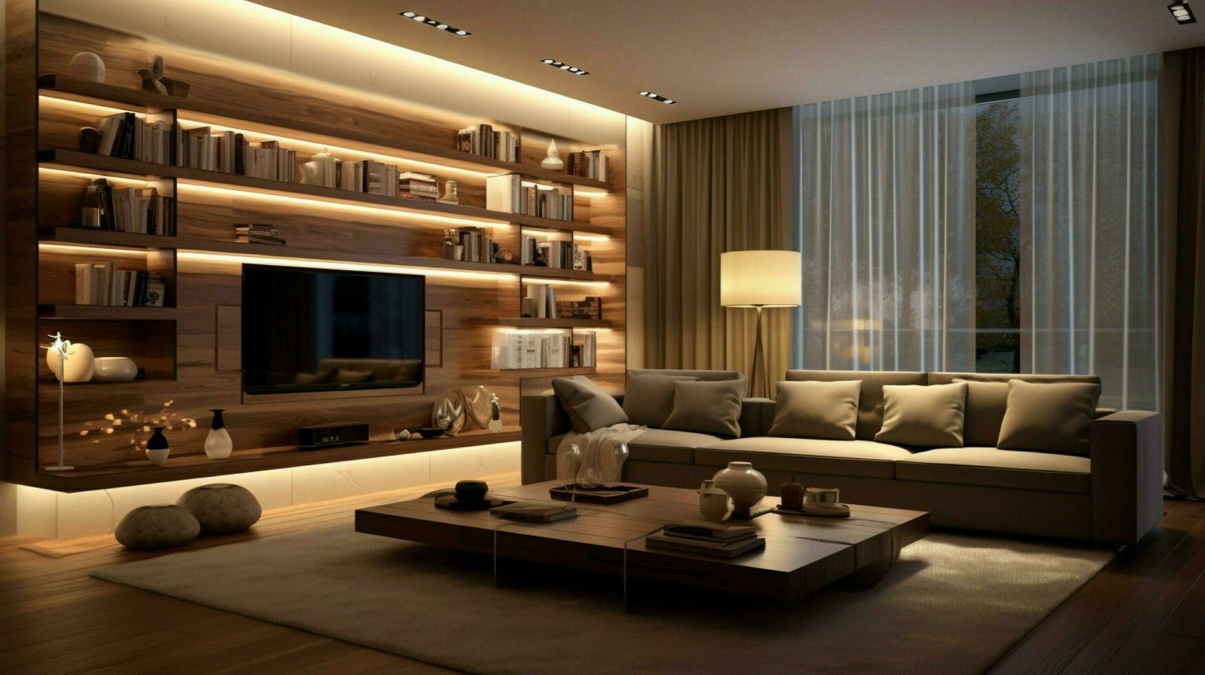 confortable moderne vivant pièce avec élégant éclairage photo
