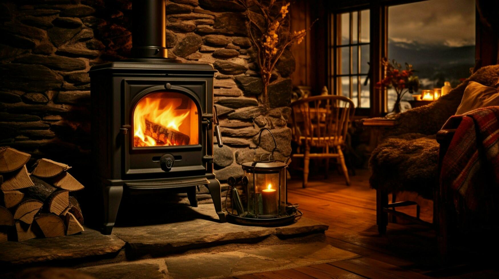 confortable bois brûlant le fourneau à l'intérieur de rustique Accueil embrasé photo