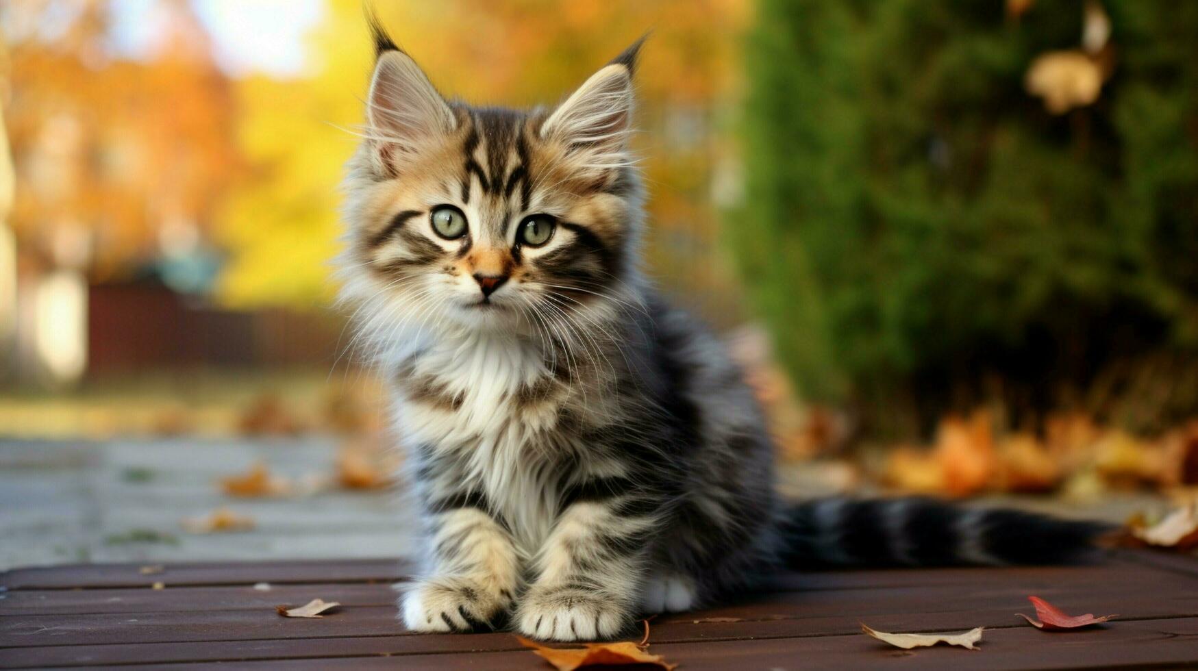 mignonne duveteux chaton avec rayé fourrure à la recherche à caméra en dehors photo