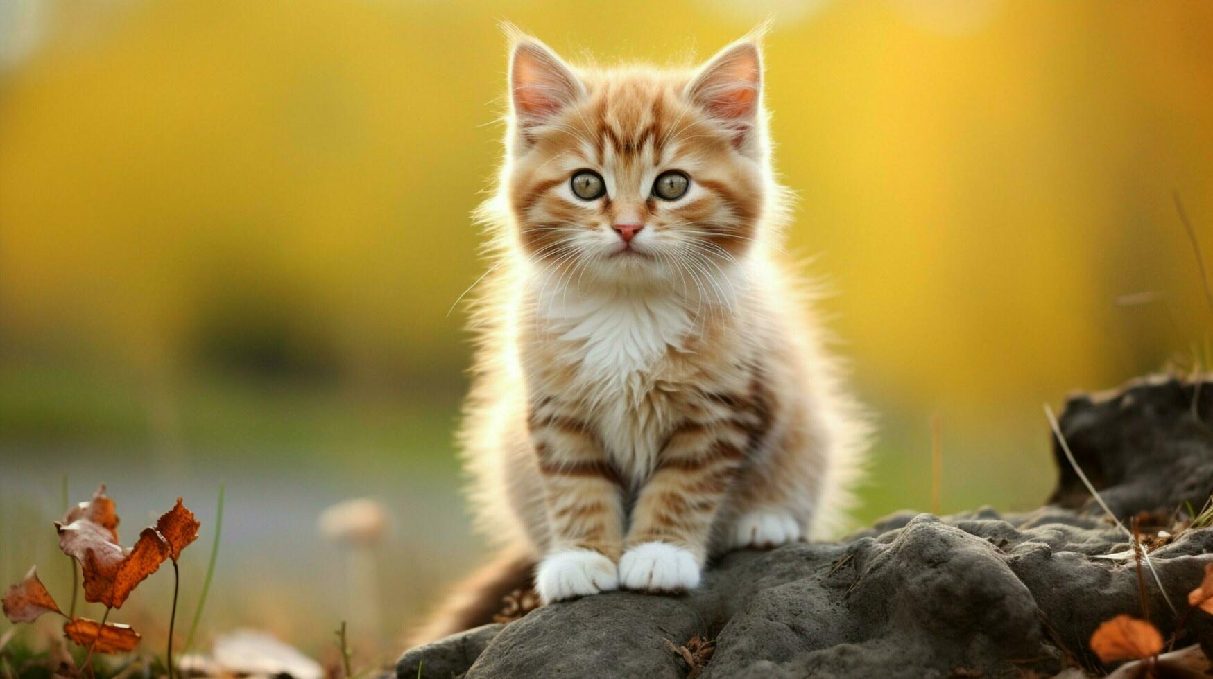 mignonne petit mammifère velu chaton séance en plein air regarder photo
