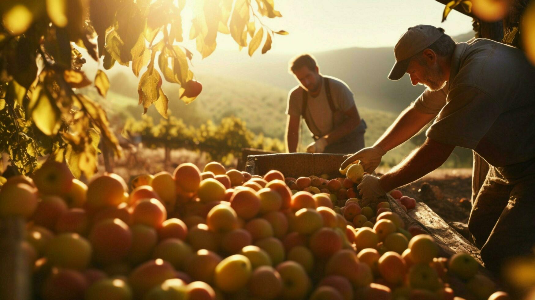 Les agriculteurs récolte Frais fruit dans le l'automne lumière du soleil chaleur photo