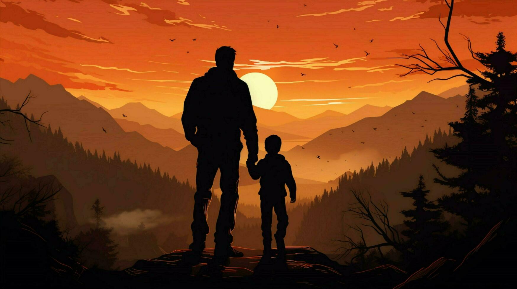 père et fils permanent dans la nature silhouette photo