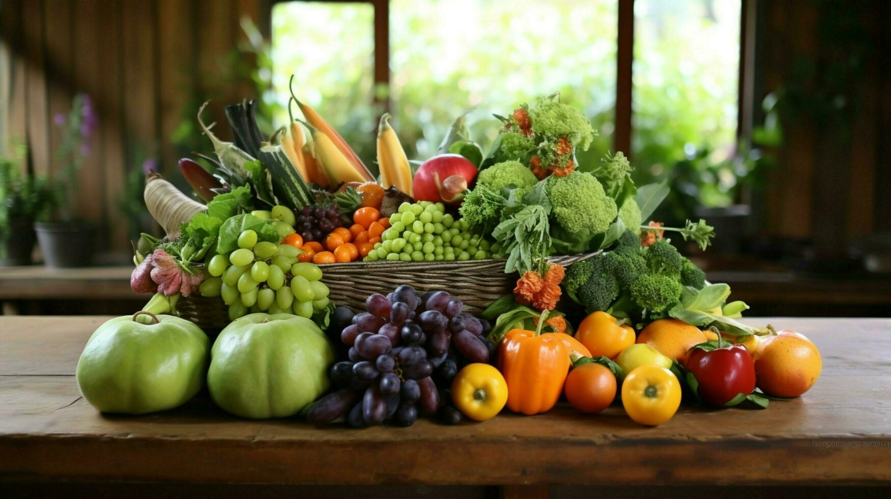 Frais fruit et légumes sur rustique table arrangement photo