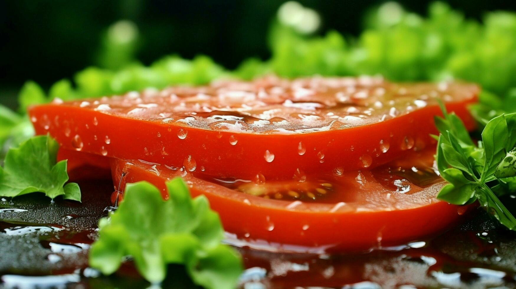 Frais mûr tomate tranche sur vert feuille une gourmet été photo