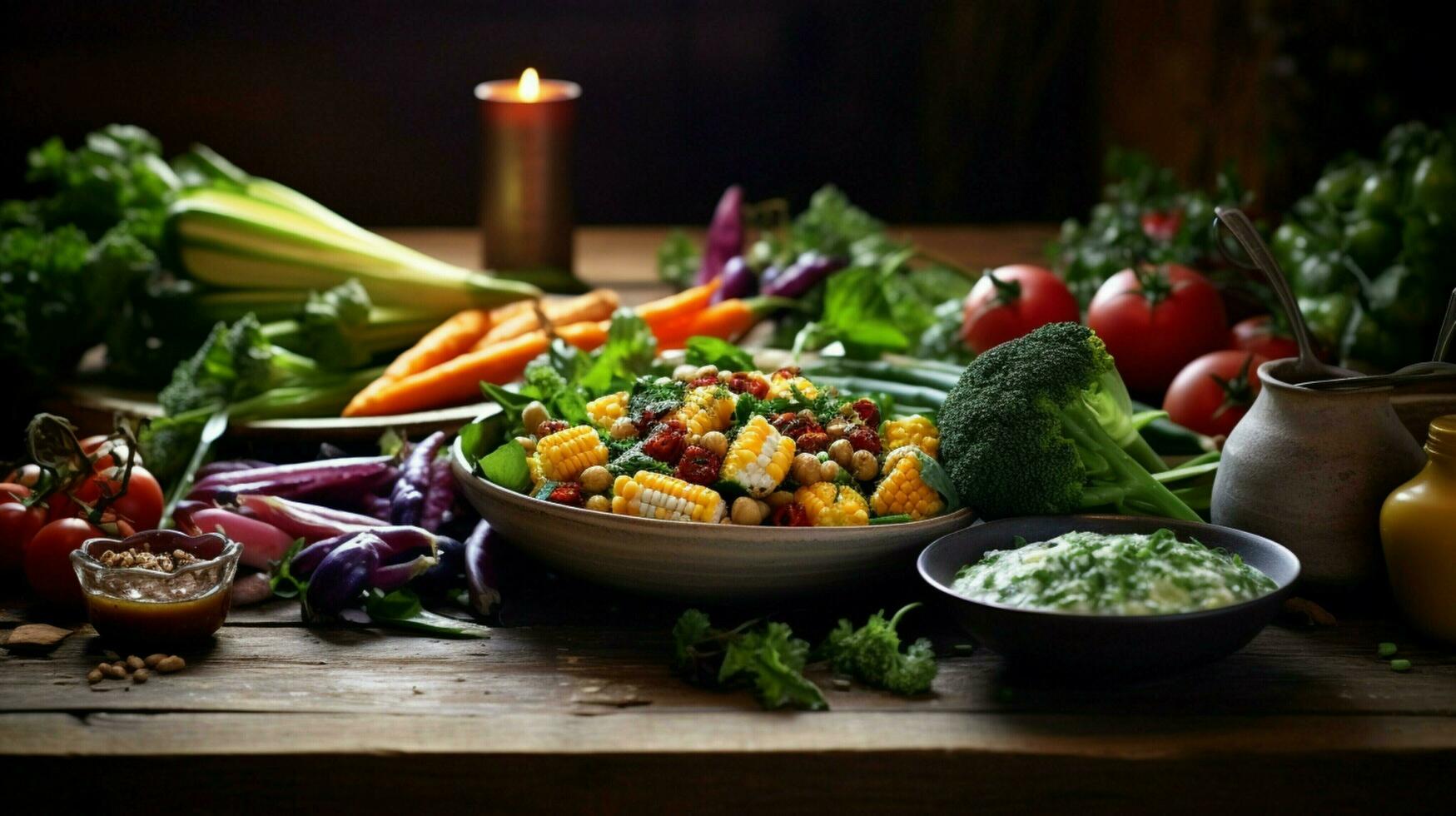 Frais végétarien gourmet repas sur rustique bois table photo