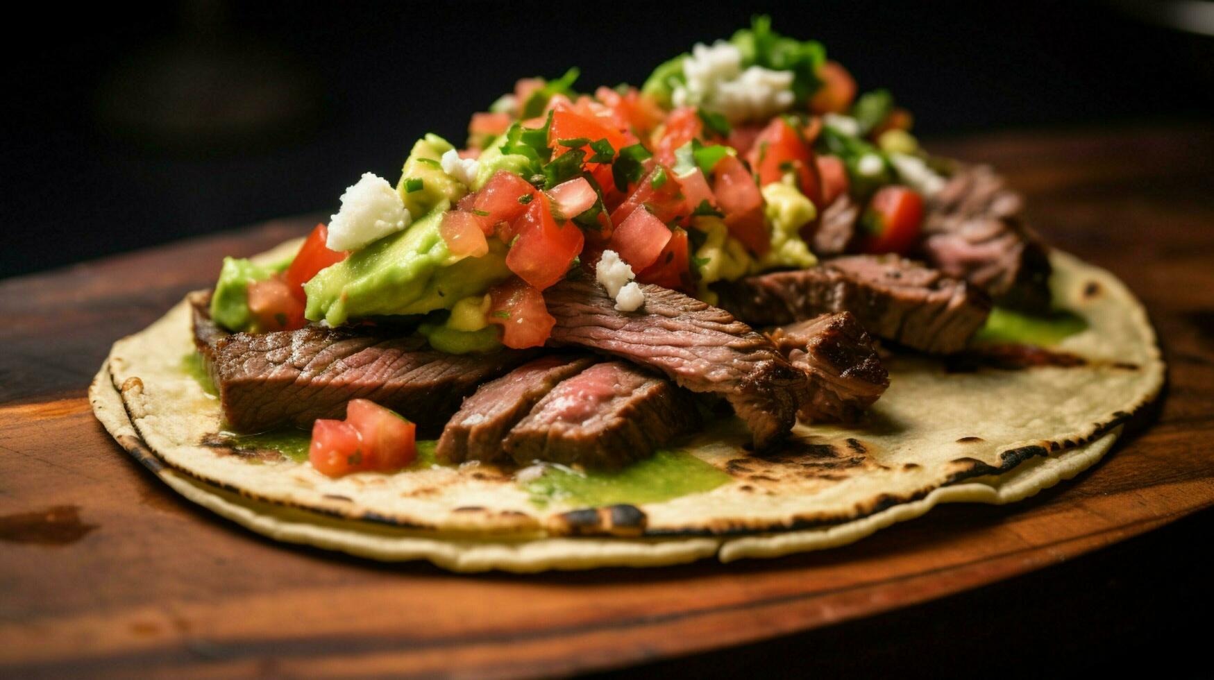 grillé du boeuf taco avec guacamole coriandre et Frais tomate photo