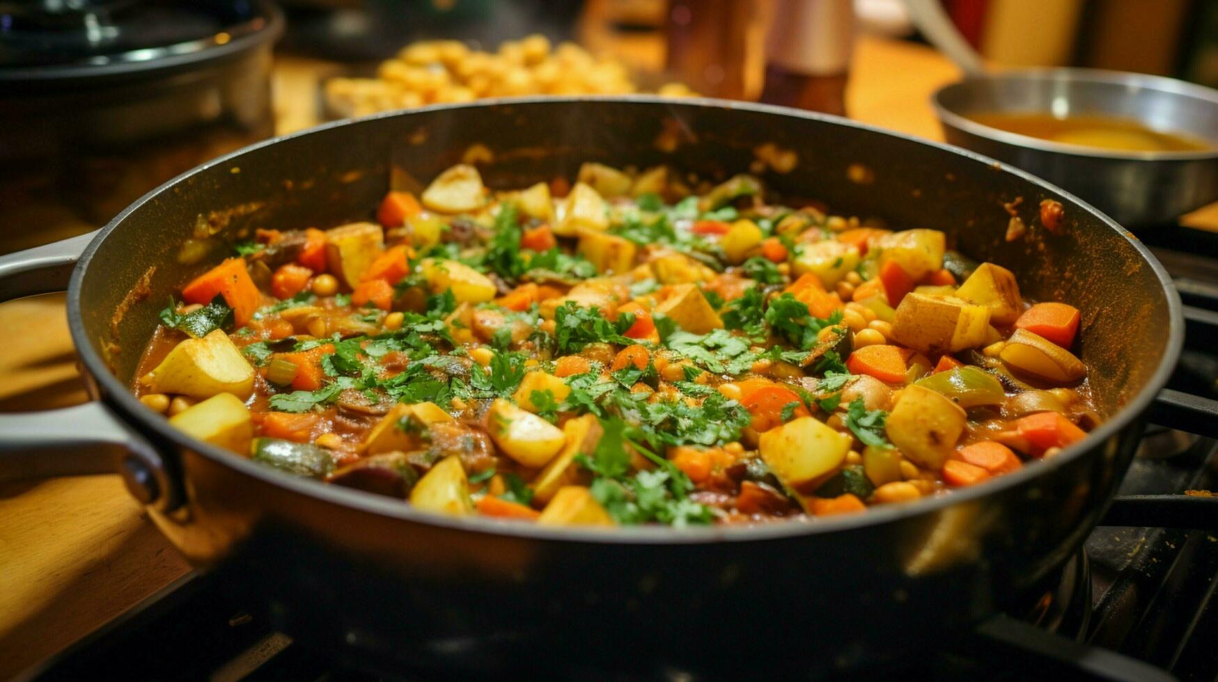 en bonne santé végétarien Ragoût cuisine sur le fourneau Haut dans fait maison photo